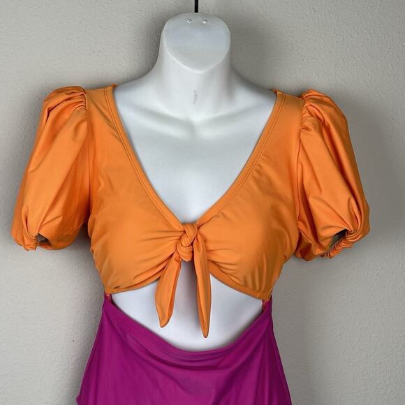 Tabitha Brown Target Swimsuit M Colorblock Puff Sleeve Open Front Tie One Piece - Picture 2 of 8